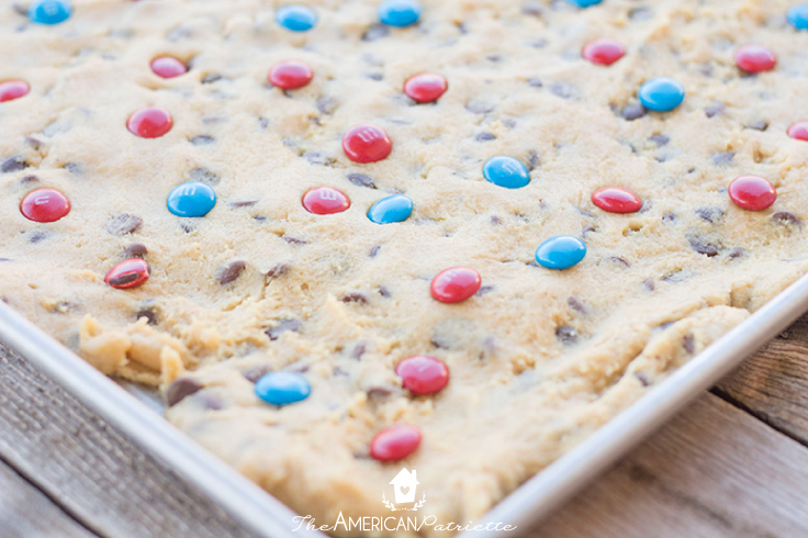 chocolate chip texas cookie dough with m&ms pressed on dough