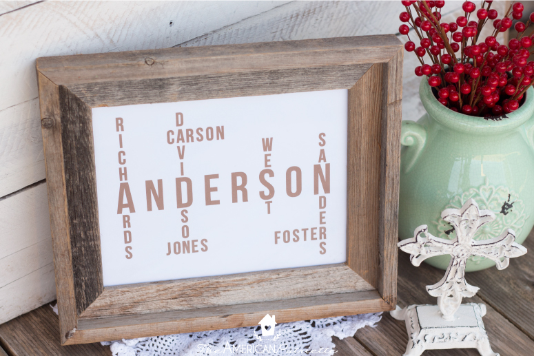 DIY Family Name Tree - Perfect for a sentimental wedding gift, anniversary gift, or Christmas gift! Includes family names of a married couple and all of the last names from their grandparents, their parents, and their last name as a married couple. 