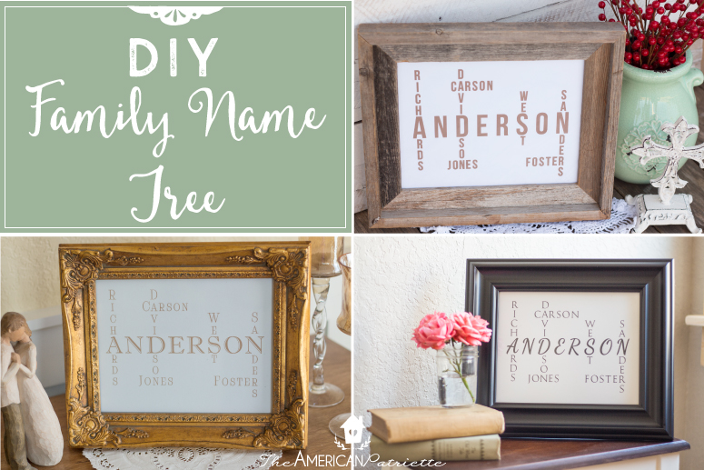 DIY Family Name Tree - Perfect for a sentimental wedding gift, anniversary gift, or Christmas gift! Includes family names of a married couple and all of the last names from their grandparents, their parents, and their last name as a married couple.