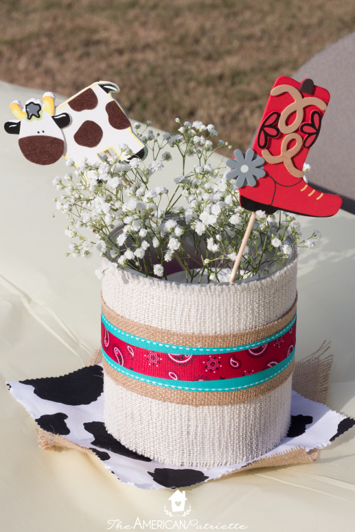 Burlap-Covered Centerpiece for a Western Party - Transform a coffee can into an adorable centerpiece for a farm-themed, ranch-themed, or western-themed party!