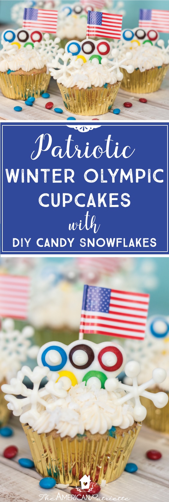 Patriotic Winter Olympic Cupcakes with Candy Snowflakes