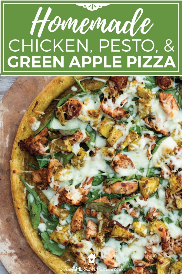 This delicious and easy homemade chicken, apple, and pesto pizza is so tasty and makes for an easy weeknight dinner, potluck recipe, or a perfect recipe for a casual dinner party! #homemadepizza #pesto #pizza #easyrecipes