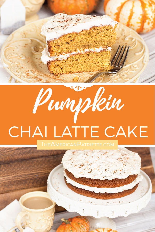 This homemade pumpkin chai latte cake is a delicious fall cake recipe, perfect for potlucks, cozy fall dinner parties, and Thanksgiving meals! Made with pudding and topped off with homemade chai buttercream frosting, this pumpkin dessert will bring smiles from miles around! #fallfood #falldessert #fallcake #chai #pumpkin