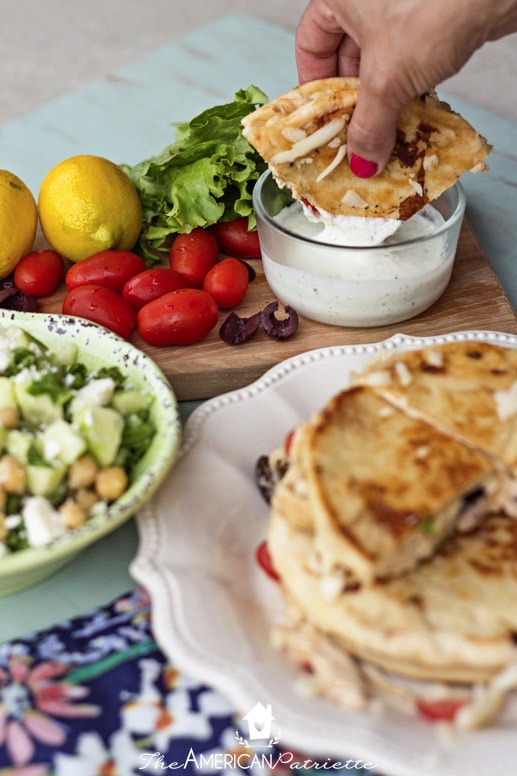 Gyro Quesadillas with Greek Salad and Homemade Tzatziki Sauce