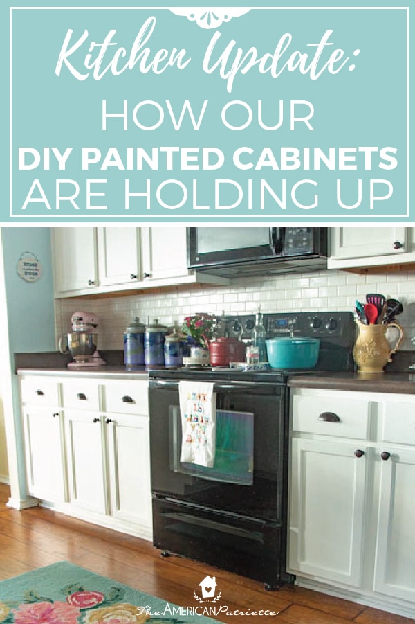 Click here to learn how our DIY white painted kitchen cabinets are holding up after 2 years! #kitchenupdates #diy #homeprojects #budgethomeprojects #paintedcabinets #kitchenupdate