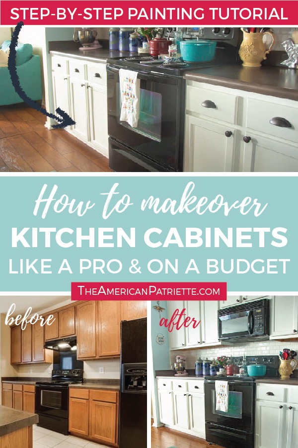 How to makeover Kitchen cabinets for under $150 - Learn how to DIY paint your kitchen cabinets white and give them a durable update with this step-by-step tutorial that teaches you how to makeover builder-grade cabinets like a pro and on a budget! #diycabinets #buildergradeupdates #updatedkitchenonabudget