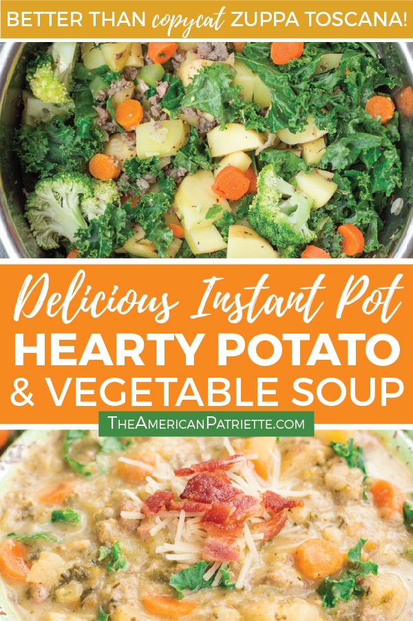 This delicious Instant Pot hearty potato and vegetable soup is a take on copycat Zuppa Toscana, but it’s even better! Loaded with vegetables such as kale, broccoli, carrots, and celery, this healthy soup recipe is perfect for a healthy meal around the table! While the original recipe is for an Instant Pot, you can easily make this in the slow cooker - just check out the recipe variation on the post! #zuppatoscana #copycat #potatosoup #fallmeals #cozydinners #easydinnerrecipes